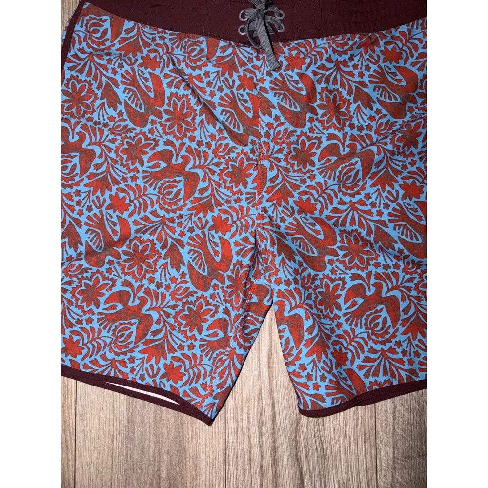 Prana‎ High Seas Board Shorts Mens 36 Red Blue Otomi Bird Floral Swim Trunks H2